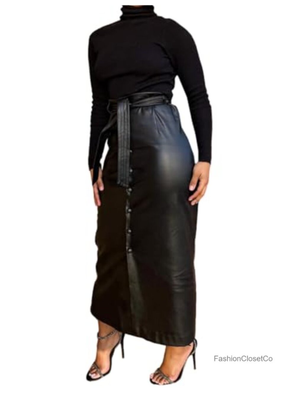 Faux PU Leather Maxi Long Skirt with Belt Button Down Front Slit High Waisted